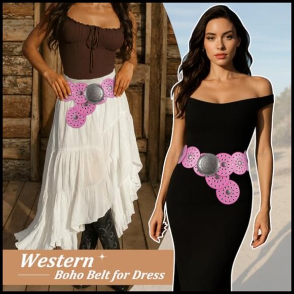 Western Concho Leather Belt Adjustable Boho Chic Vintage Style Disc Belt main image 4